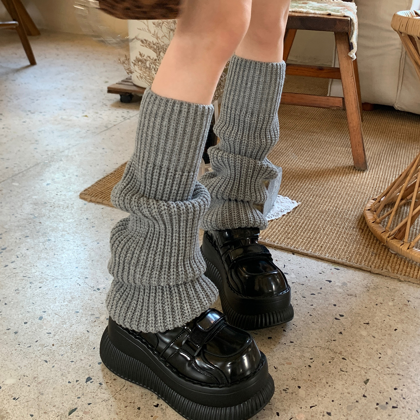 灰色大象袜粗线针织堆堆袜套