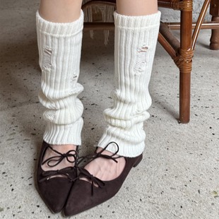 白色破洞腿套羊毛堆堆袜女秋冬保暖粗线针织个性乞丐袜套小腿袜
