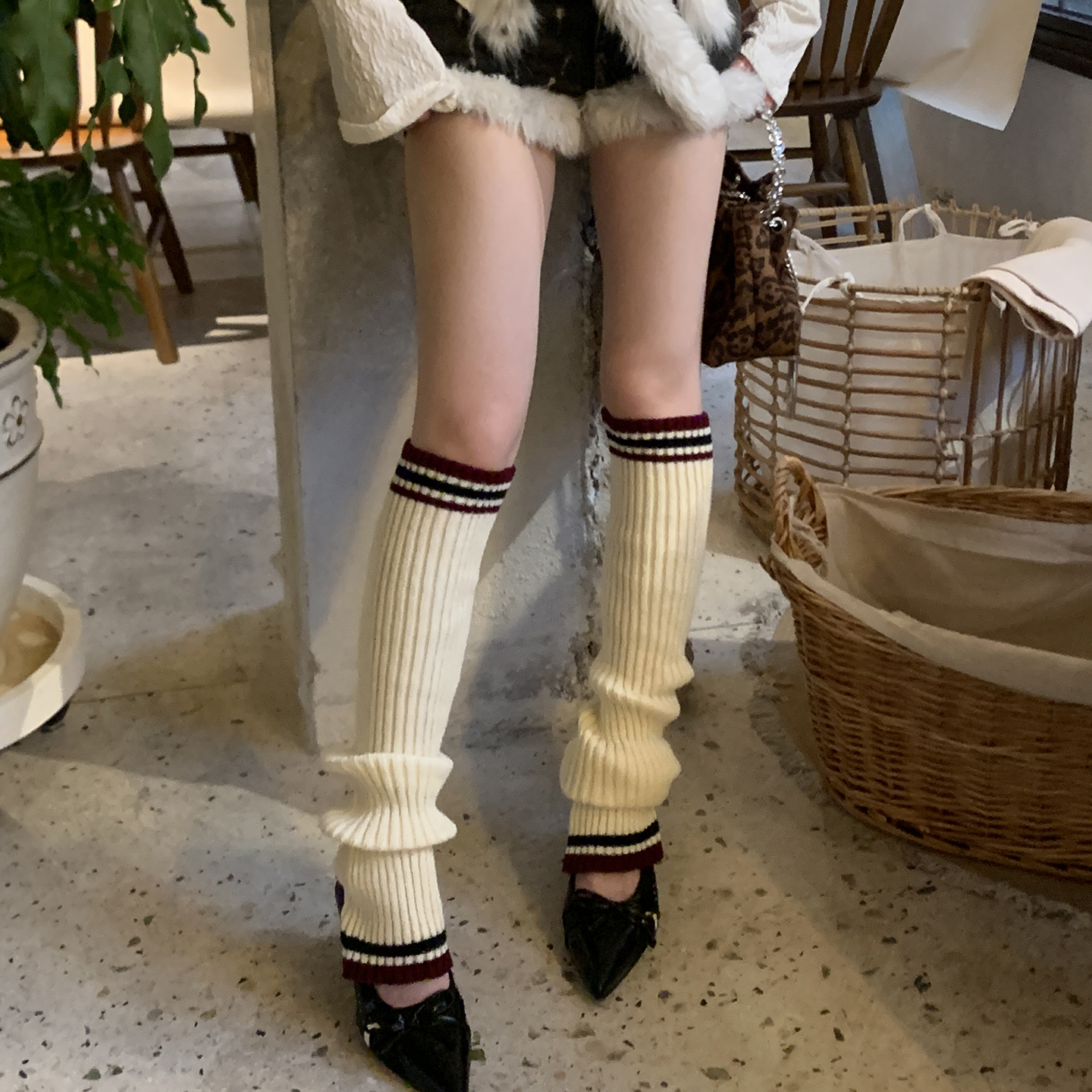 显瘦条纹撞色踩脚高筒堆堆袜
