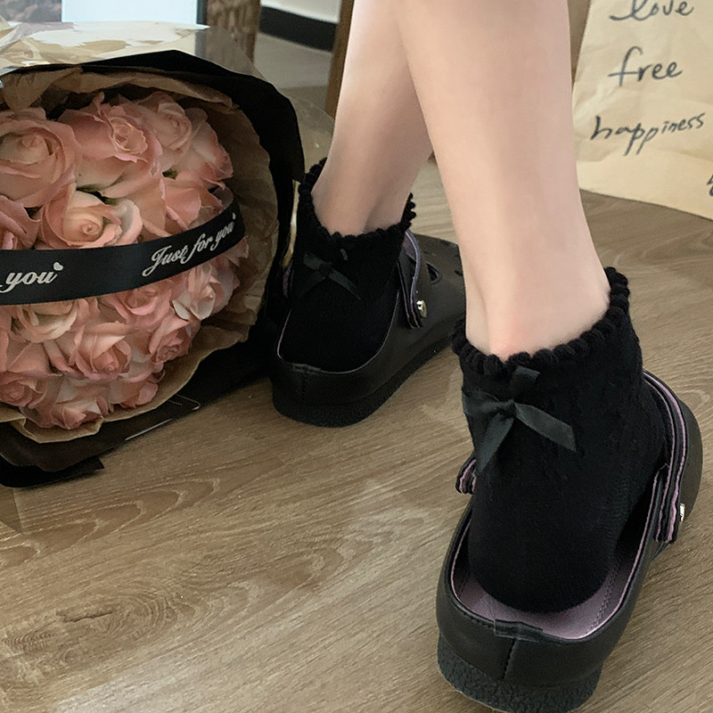 黑色袜子夏季少女甜美后蝴蝶结袜子薄款ins立体浮雕蝴蝶结短袜女