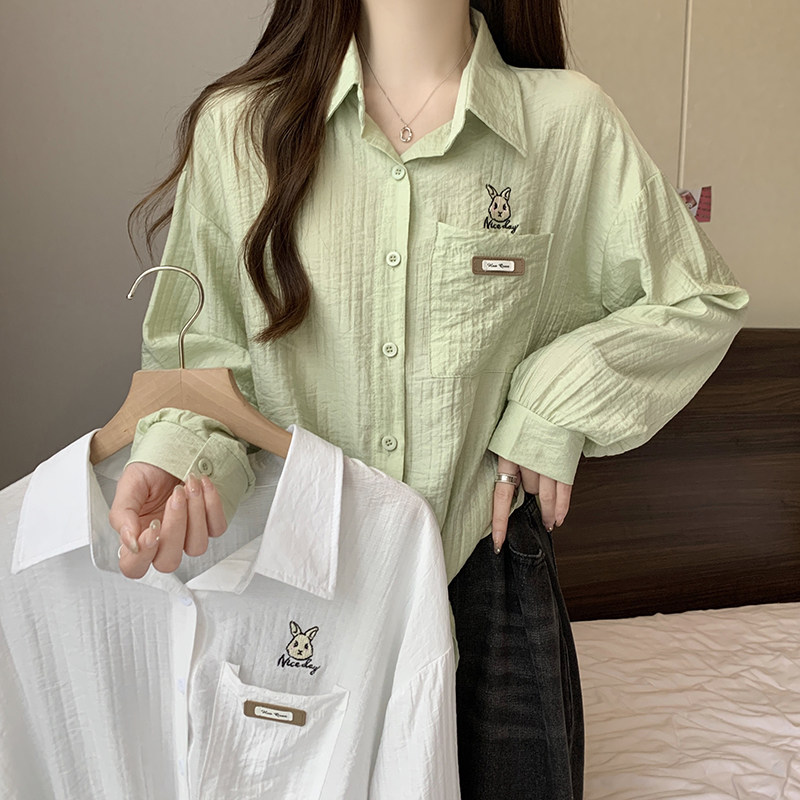韩风兔子刺绣长袖衬衫女新款设计感小众上衣衬衣防晒衣