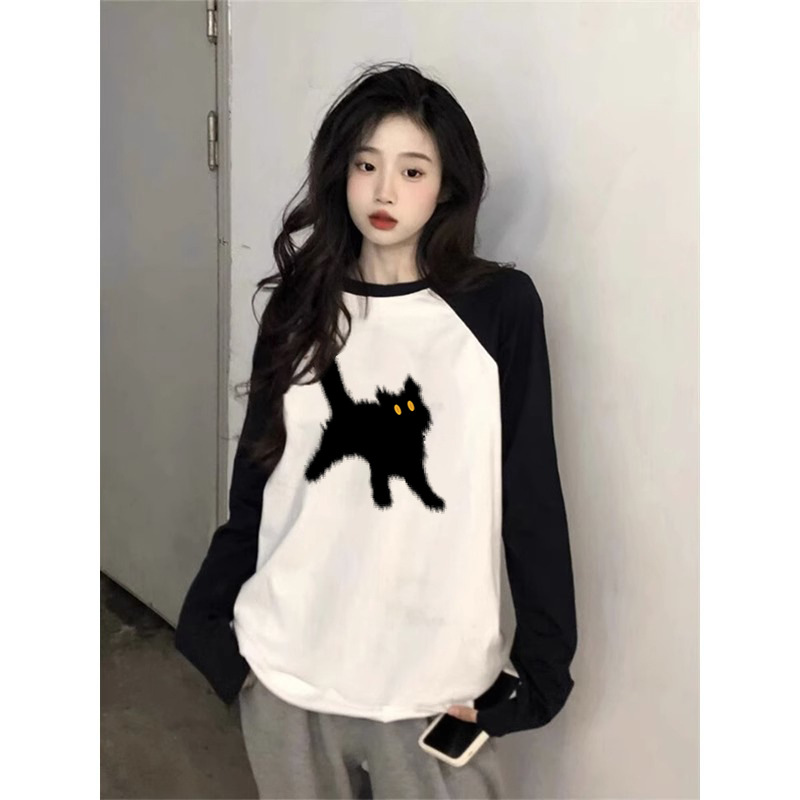 纯棉长袖 插肩袖拼色t恤女秋季小众设计感内搭打底衫港味chic