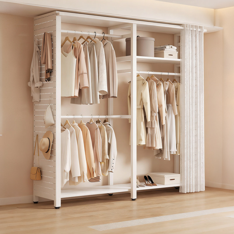 洞洞板衣柜卧室家用落地简易组装金属防尘衣帽架出租房用一体挂衣