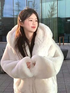 獭兔毛羊羔毛连帽仿皮草外套女中长款2025秋冬款宽松加厚毛绒大衣