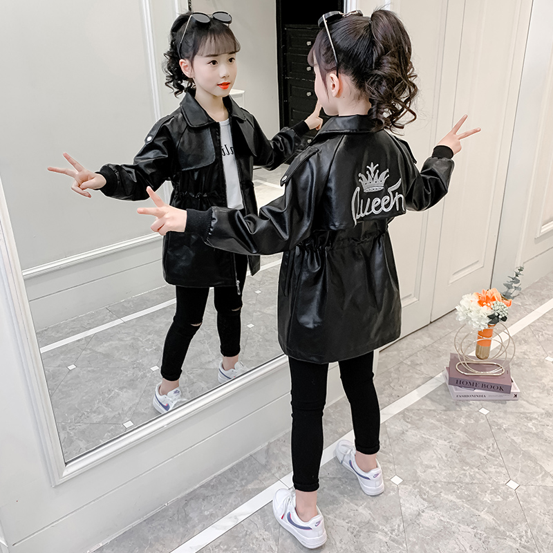 女童外套春秋装小女孩皮衣2025新款洋气中长款风衣中大童韩版上衣