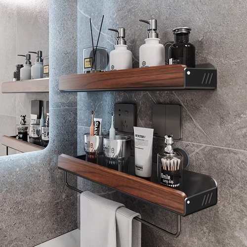 胡桃木浴室置物架壁挂吸盘免打孔