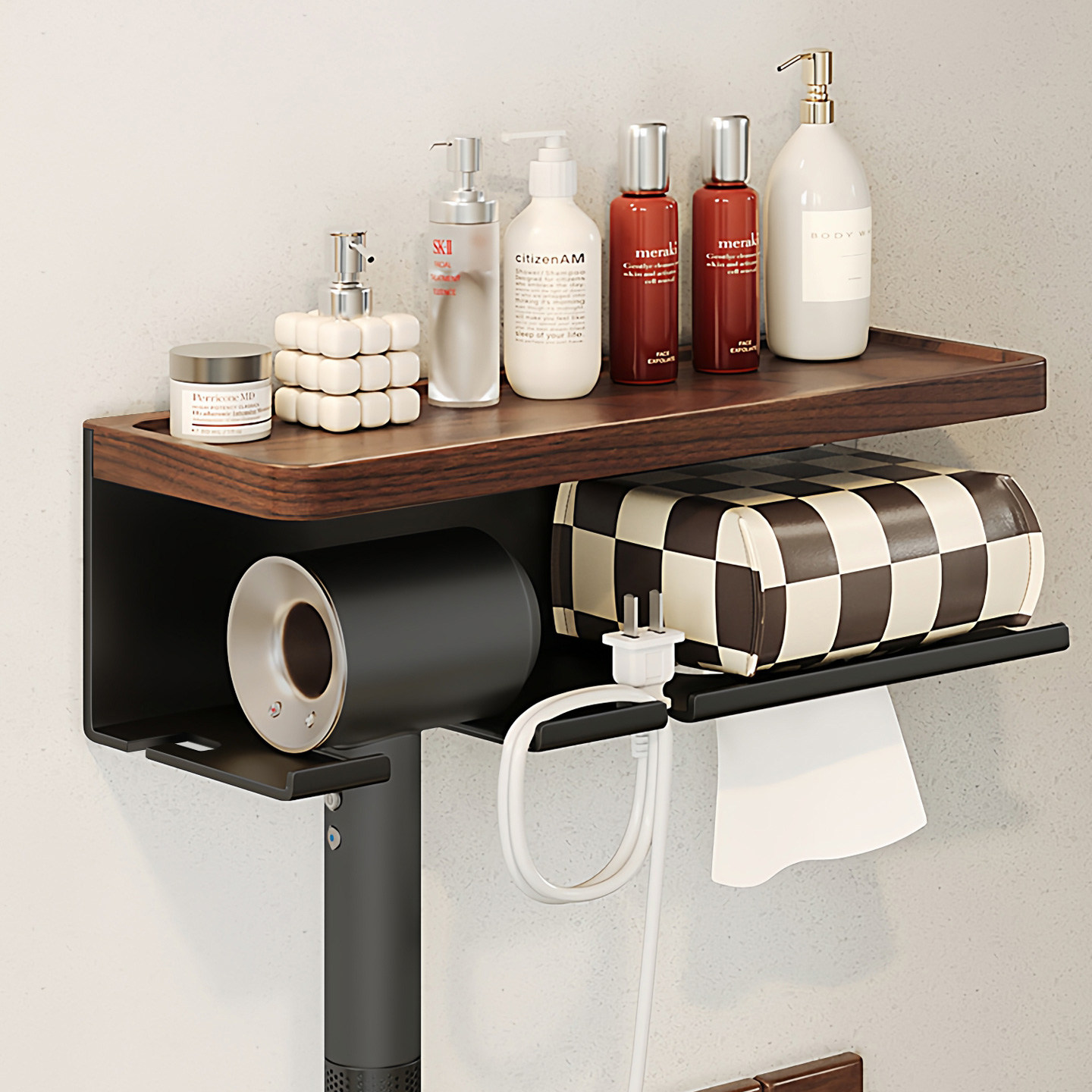 中古风放置吹风机洗脸巾收纳挂架