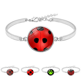 圆形波点时光宝石手链女百搭卡通动漫瓢虫熊掌印银色个性手饰品