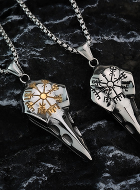 复古不锈钢男士吊坠维京乌鸦头指南针个性项链挂件