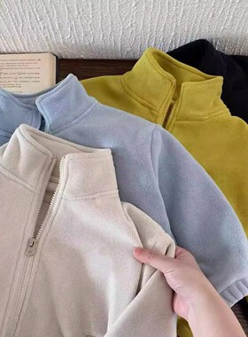 儿童卫衣套装秋冬男女童卫裤洋气软宝宝纯色开衫外套两件套双面绒