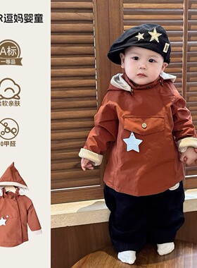 宝宝罩衣秋冬薄绒连帽外套男女童三防保暖防脏罩衫潮