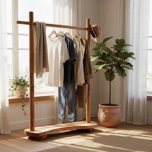 家用实木挂衣架服装店衣服展示架原木风橱窗挂架落地式服装收纳架