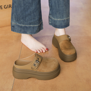 博肯单鞋 一脚蹬增高高跟包头半拖鞋 女2025春秋新款 松糕厚底勃肯鞋