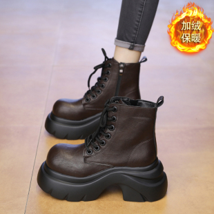 小个子增高7厘米马丁靴女2025秋冬新款 复古厚底松糕高跟加绒短靴