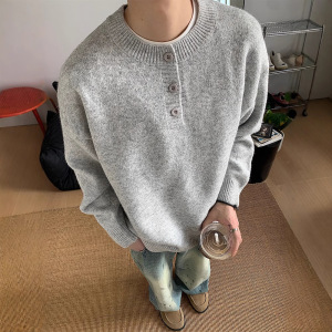 灰色美式复古亨利领毛衣秋冬款慵懒风级感针织衫cleanfit外套