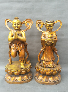 莲花童子童女黄铜中式桌面摆件