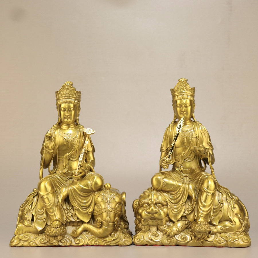 铜文殊普贤菩萨铜像摆件一套青狮白虎坐骑大小号坐像中式桌面家居