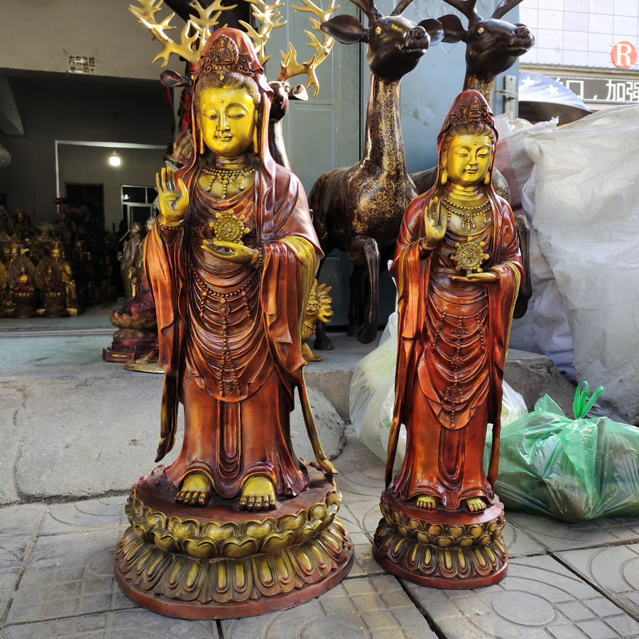 铜南海观音铜像摆件铜千眼观音娘娘法轮莲花底座站像家居佛堂供奉