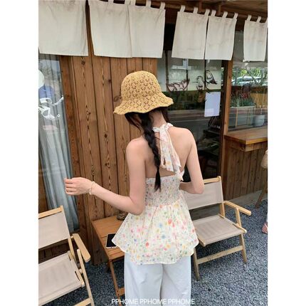 法式复古碎花吊带背心女夏季设计感小众修身后背打揽挂脖绑带上衣
