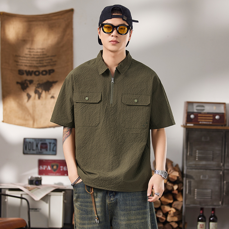 夏季薄款男士高级感痞帅翻领短袖宽松休闲衬衫2025新款T恤潮流