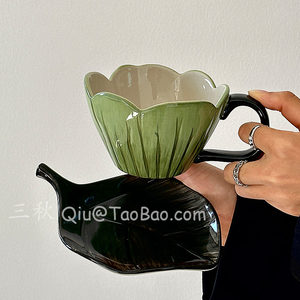 三秋Sanq复古花漾叶语手绘绿郁金香咖啡杯碟下午茶水杯子小众礼物