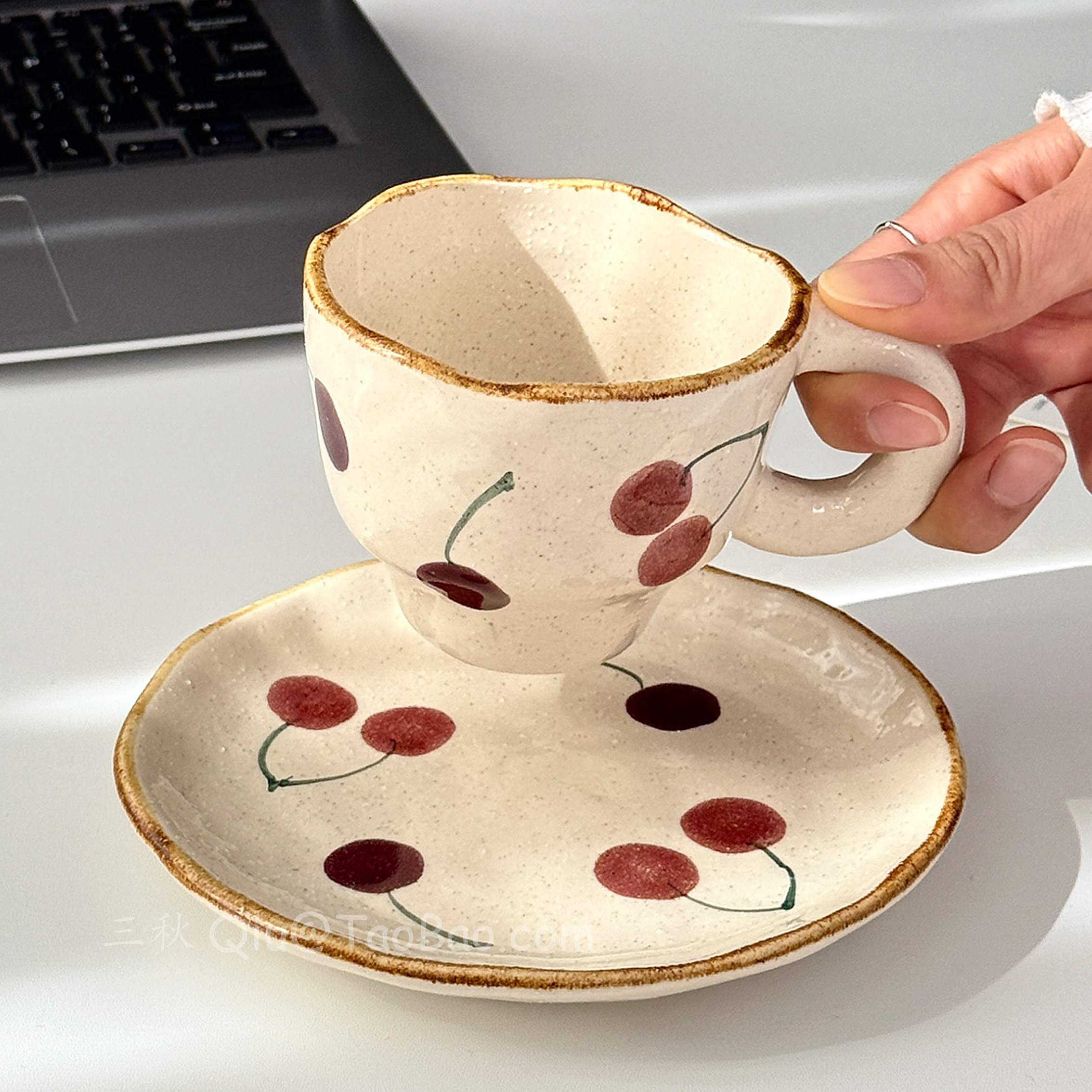 中古风粗陶手作樱桃咖啡杯碟水杯