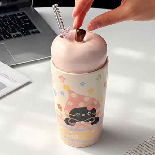 可爱萌趣小猫星星陶瓷吸管杯水杯