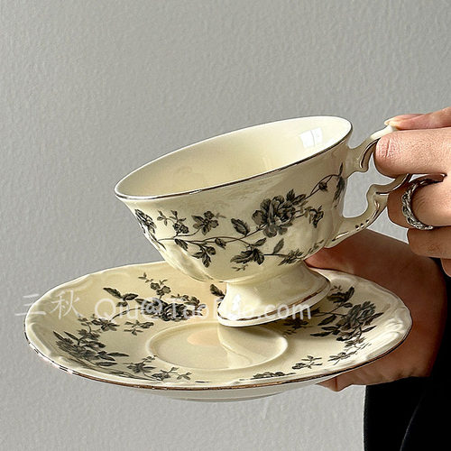 法式复古灰玫瑰咖啡杯碟中古风