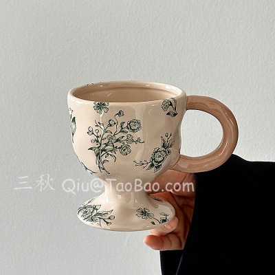 复古手捏高脚杯庭芜绿陶瓷水杯