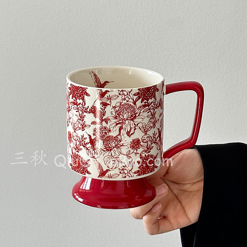 中古风红雀鸟陶瓷马克杯拿铁杯