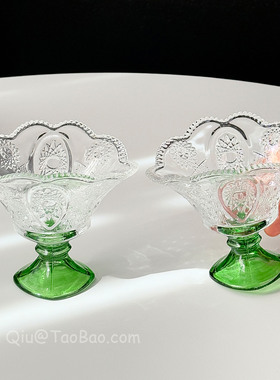 Sanq复古浮雕太阳花绿色高脚玻璃杯水杯创意咖啡杯冰淇淋杯甜品杯