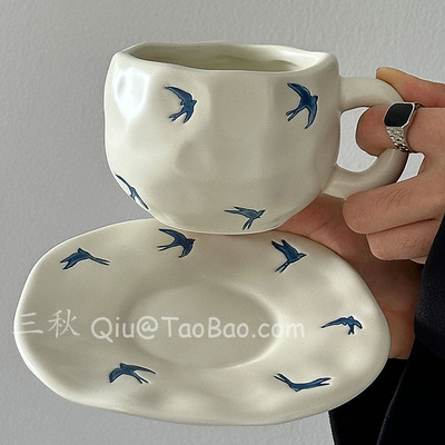 复古手绘手捏哑白燕归咖啡杯碟