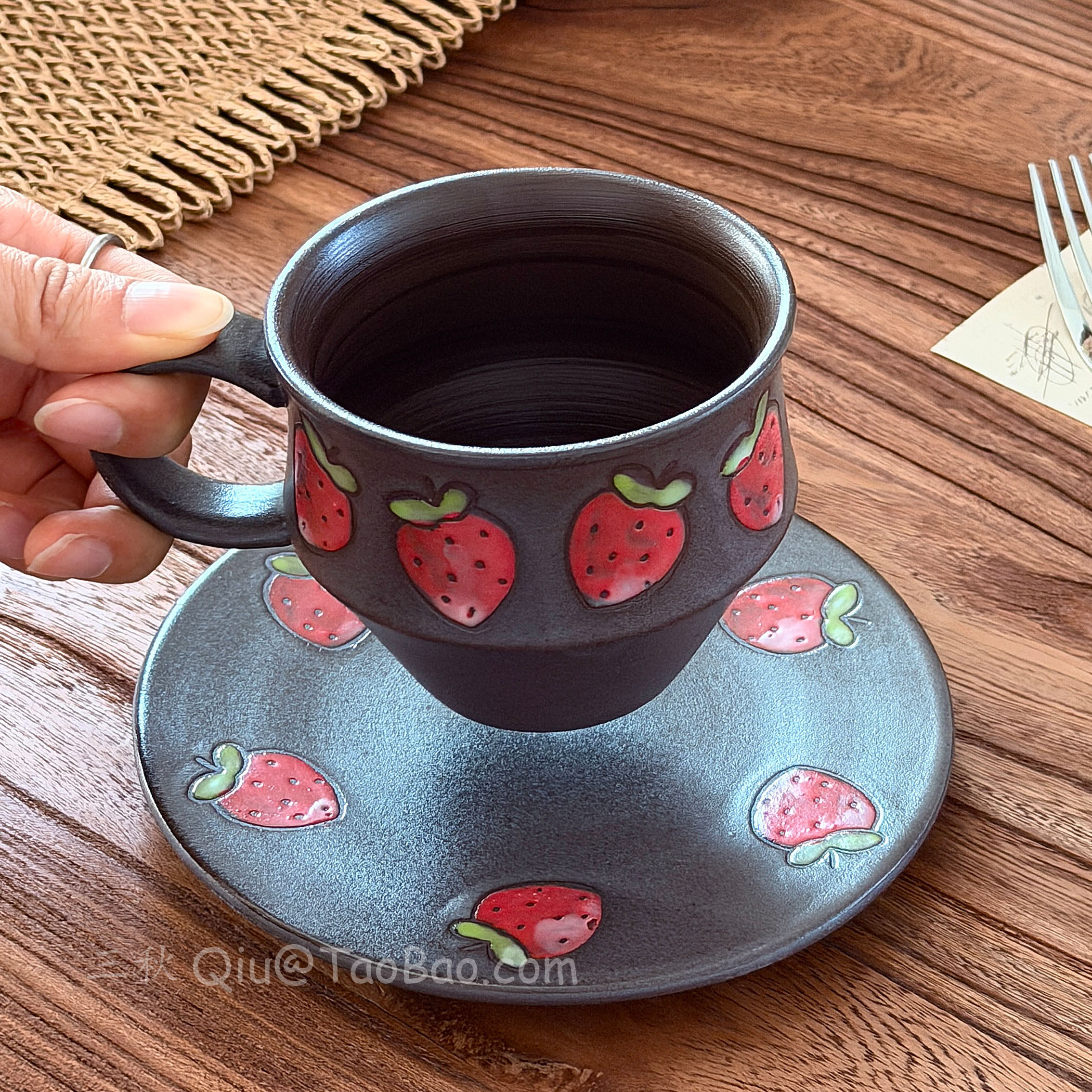 复古手作粗陶草莓咖啡杯碟景德镇水杯陶瓷下午茶杯拉花拿铁杯礼物