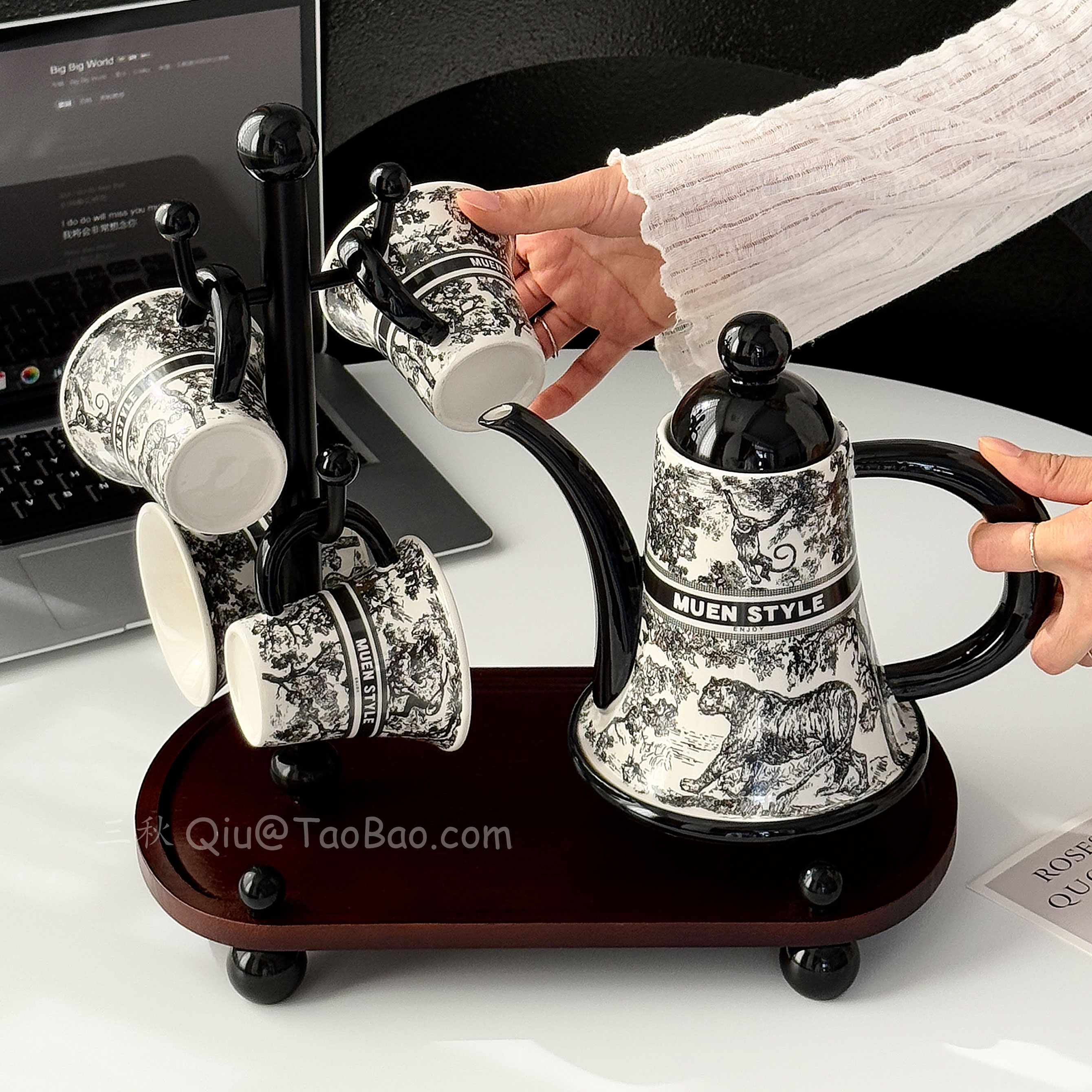 轻奢复古黑丛林陶瓷水具套装家用乔迁茶壶喝水杯高级感乔迁礼盒装