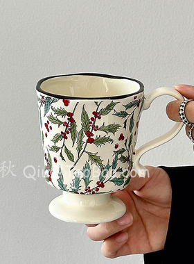 三秋Sanq复古春野芳华手捏花边陶瓷水杯马克杯拿铁咖啡杯小众礼物