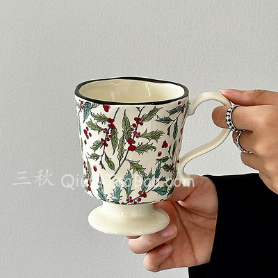 复古春野芳华手捏花边陶瓷水杯