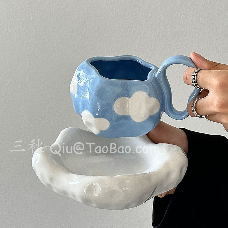 小眾創意不規則藍天白云咖啡杯碟