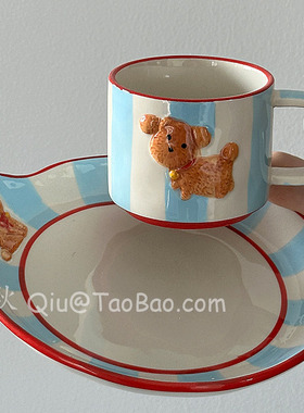 三秋Sanq复古手绘浅蓝色铃铛小狗陶瓷马克杯咖啡杯早餐盘小众礼物