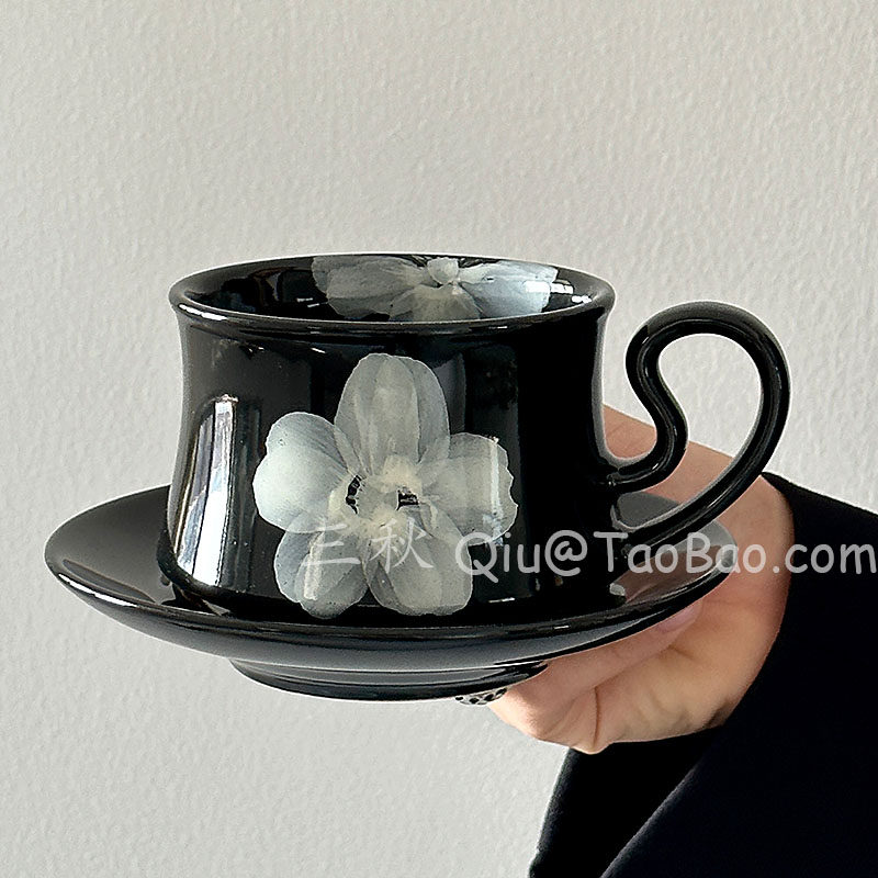 復古黑釉霧花手作杯中古咖啡杯碟