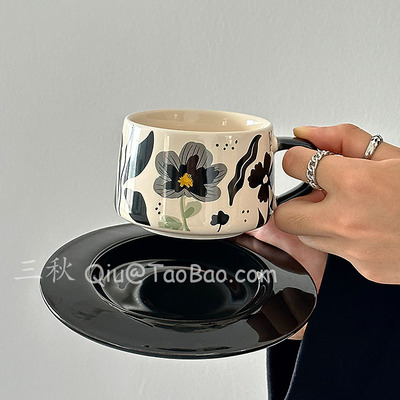 复古黑色洛桑花咖啡杯碟中古风