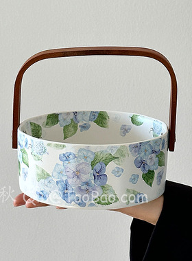 三秋Sanq复古油画般无尽夏果篮零食摆放干果糖果盘陶瓷手提水果篮