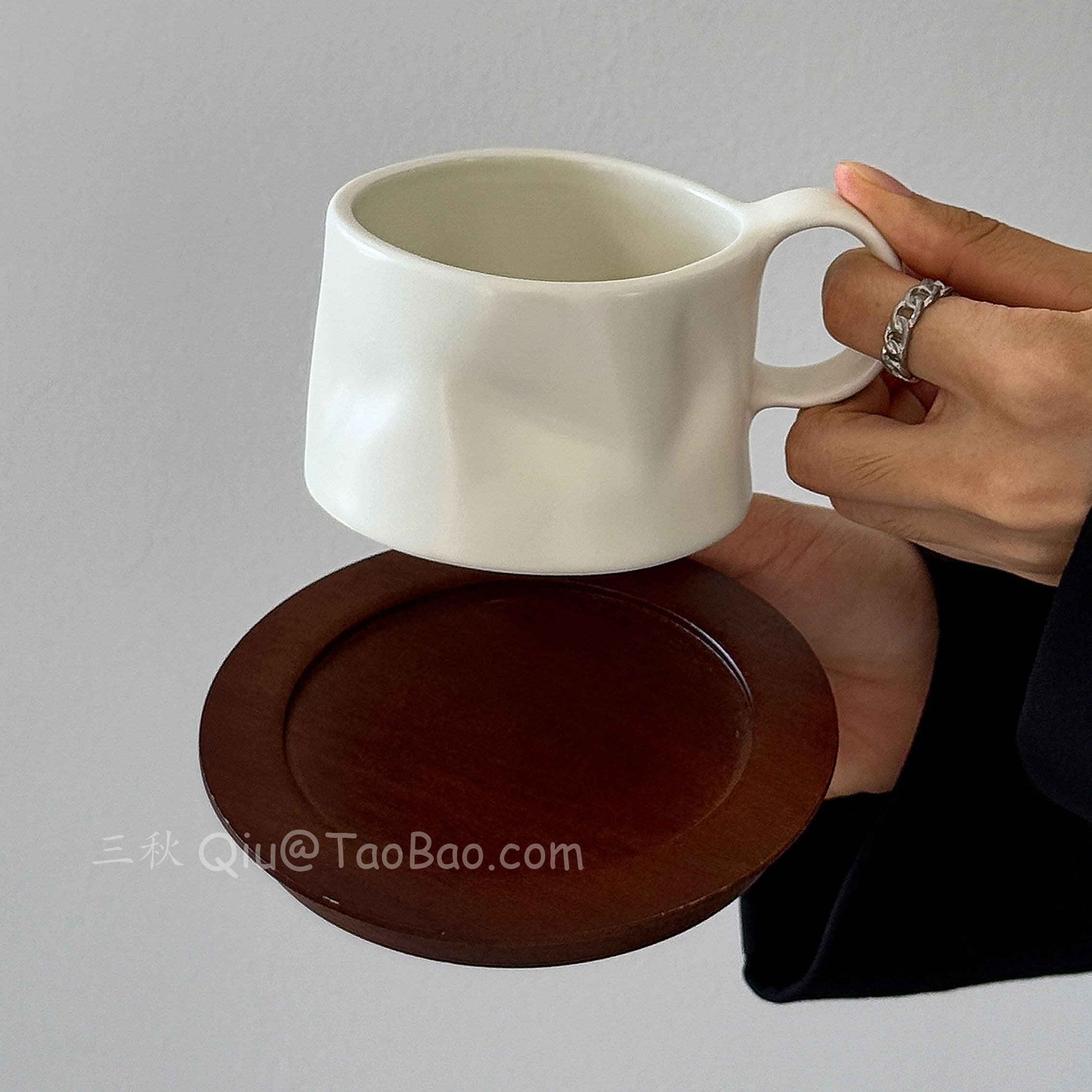 中古风哑光白褶皱咖啡陶瓷杯碟子