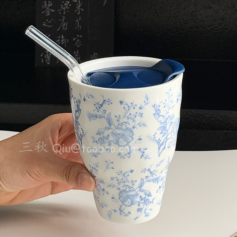 新中式青花藤蔓陶瓷手握咖啡水杯