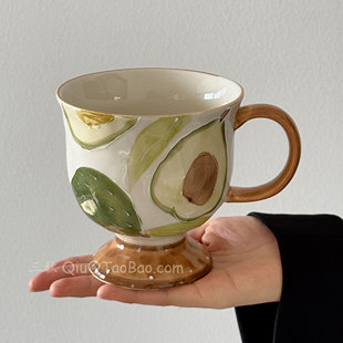 Sanq复古手绘浮雕牛油果马克杯陶瓷大容量水杯拿铁咖啡杯小众礼物