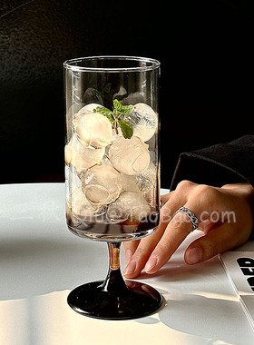 Sanq中古风直筒黑底高脚玻璃杯氛围感鸡尾酒杯气泡水杯果汁冷饮杯