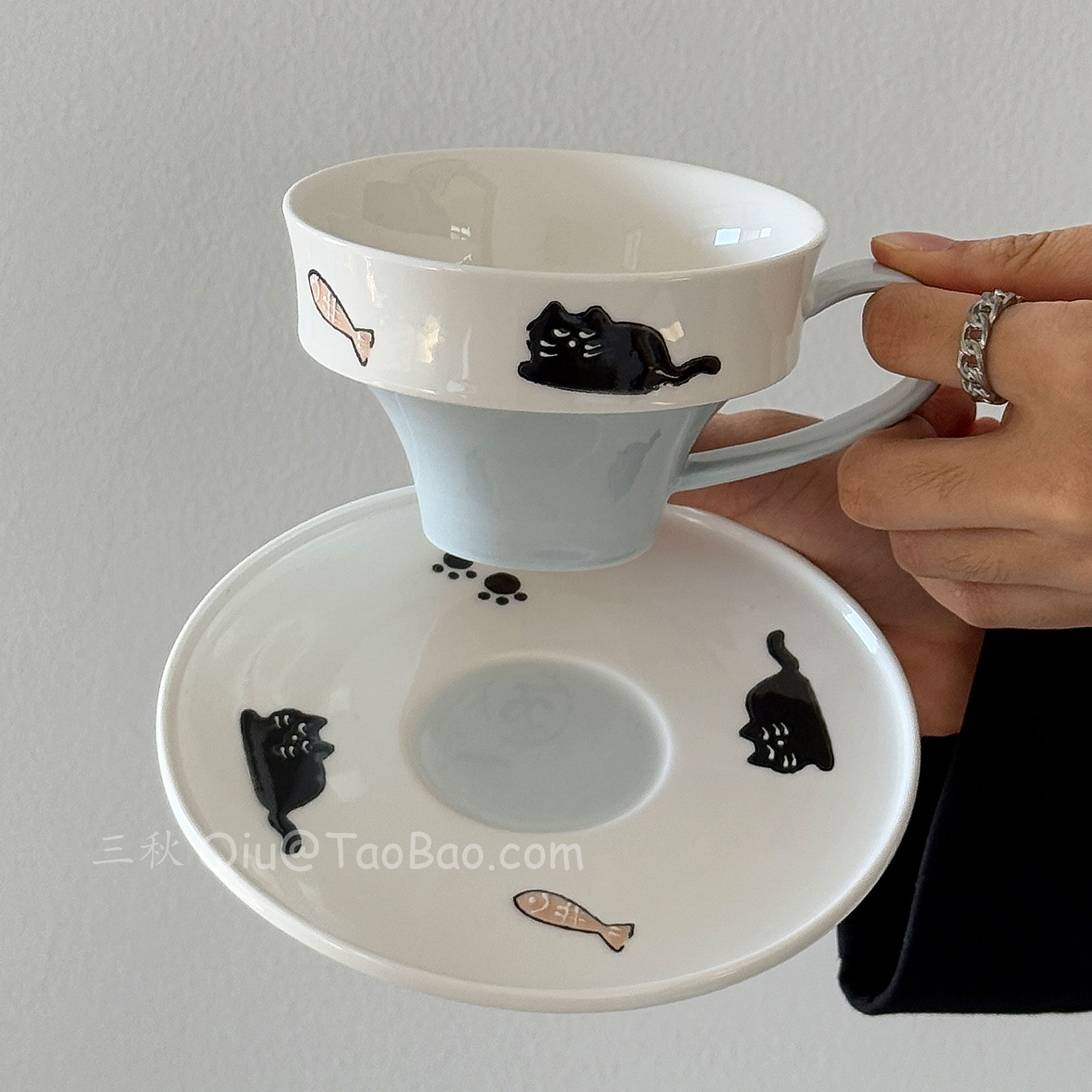 复古手绘浮雕小猫咖啡杯碟拿铁杯