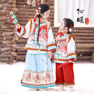 喜庆衣服唐装 儿童新中式 冬 清汉格格加厚套装 汉服女童拜年服冬装