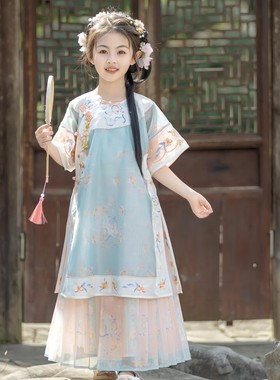 兮兮家 夏季新款格格服女童汉服古装清宫新中式套装薄款花笺汐
