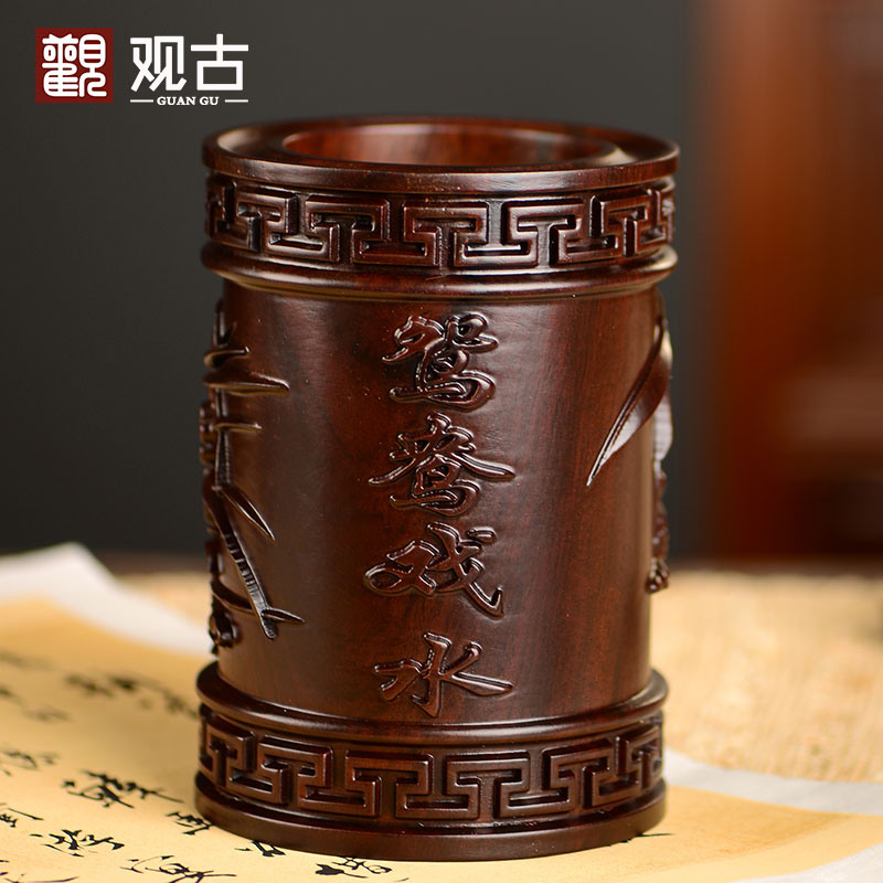 黑檀木雕鸳鸯戏水笔筒工艺礼品摆饰办公室书桌家居客厅木质笔筒摆