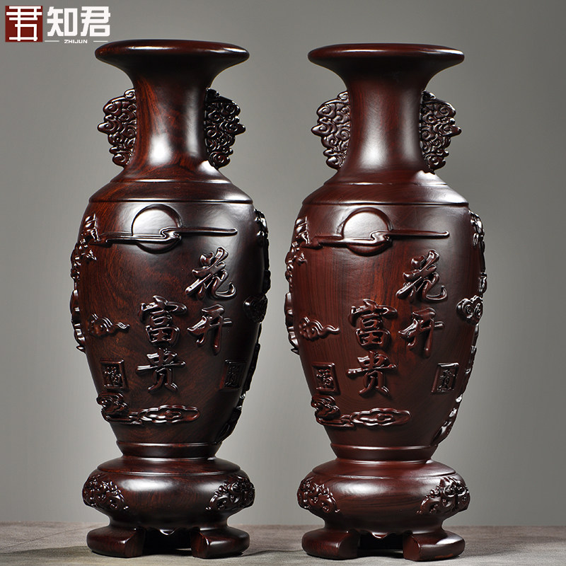 黑檀木雕花开富贵花瓶摆件家居电视柜寓意装饰工艺品新居乔迁送礼